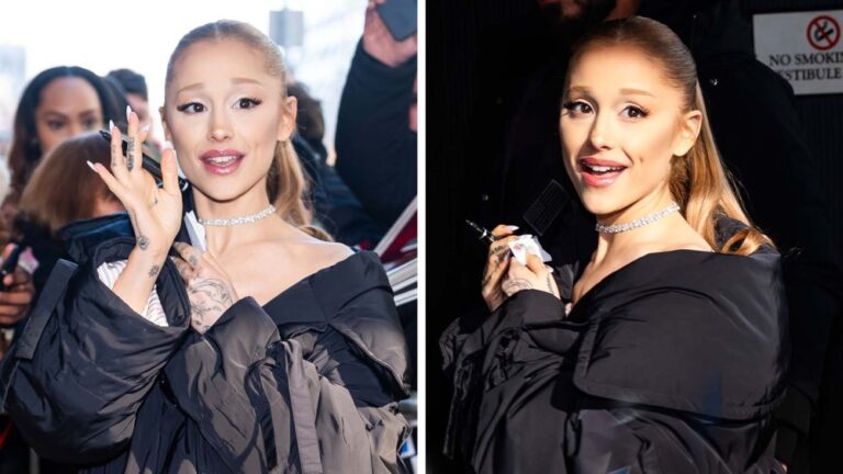 ariana grande black puffer jacket cbs studios nyc dec 3