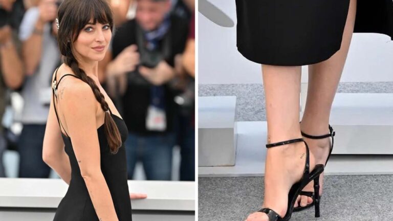 dakota johnson minimalist gucci dress strappy heels cannes